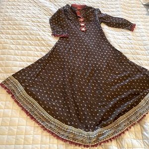 Amayra Women's Cotton Anarkali Kurti brown printed dress size small